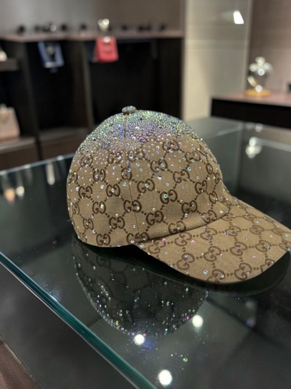 Beige GUCCI Crystal Rhinestone GG Canvas Baseball Cap Hat W/ Dust Bag Size M - Picture 2 of 8